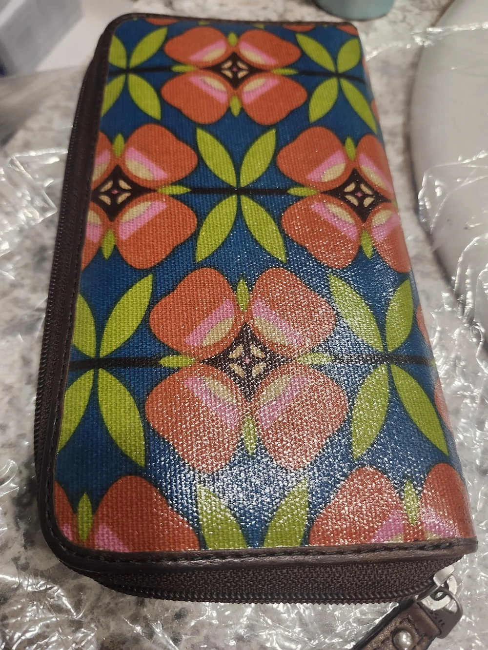 Fossil Blue Floral Zip Wallet with Brown Trim
